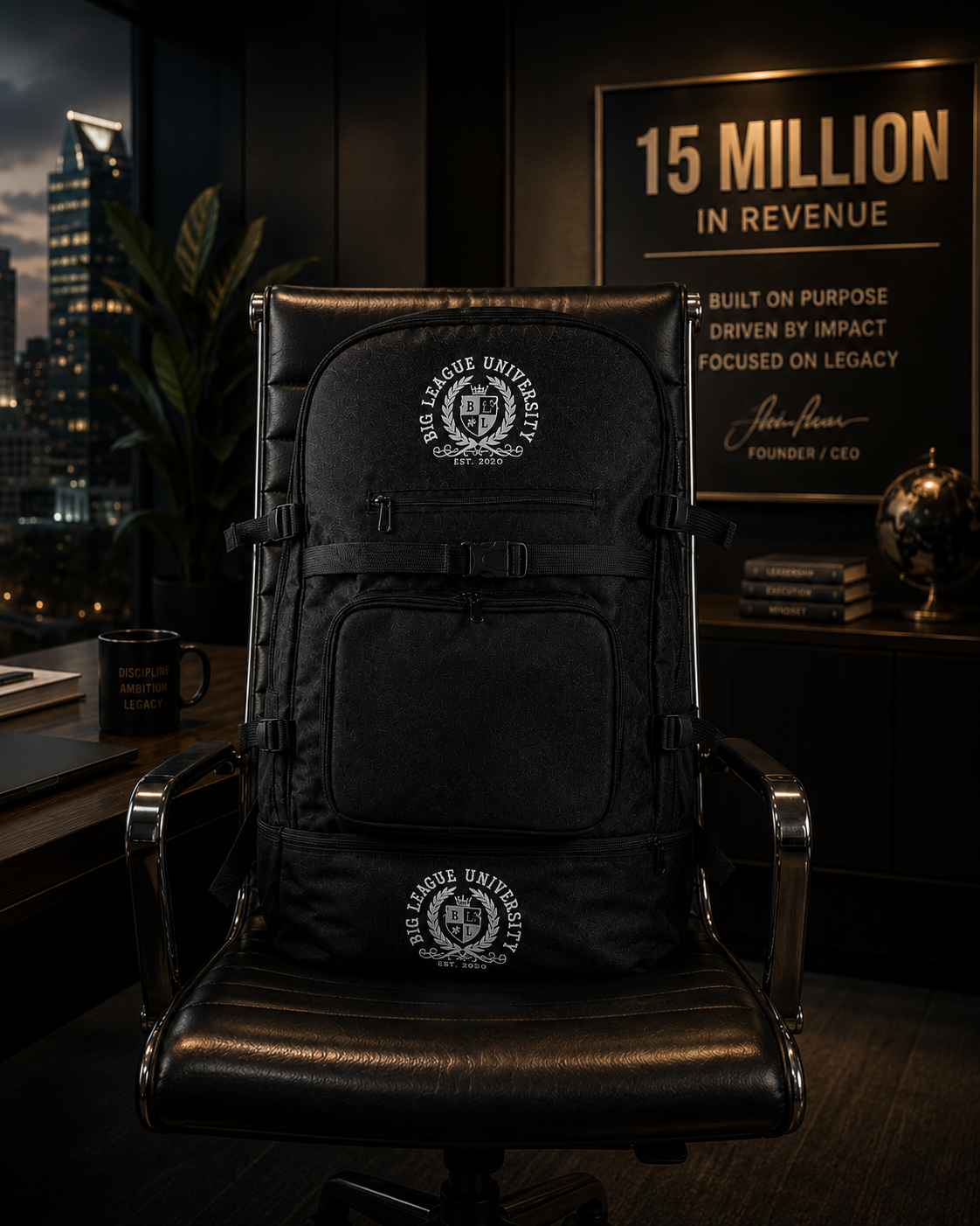 Black Big League University backpack with crest logo, displayed in a premium executive office setting.