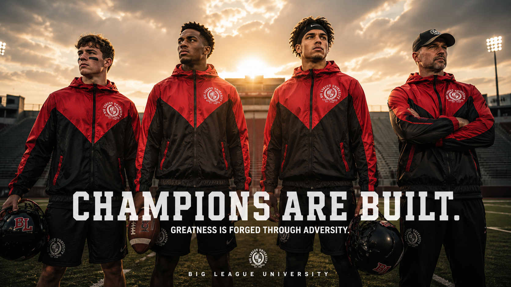 Big League University team and coach standing on the field at sunset wearing the red and black windbreaker.