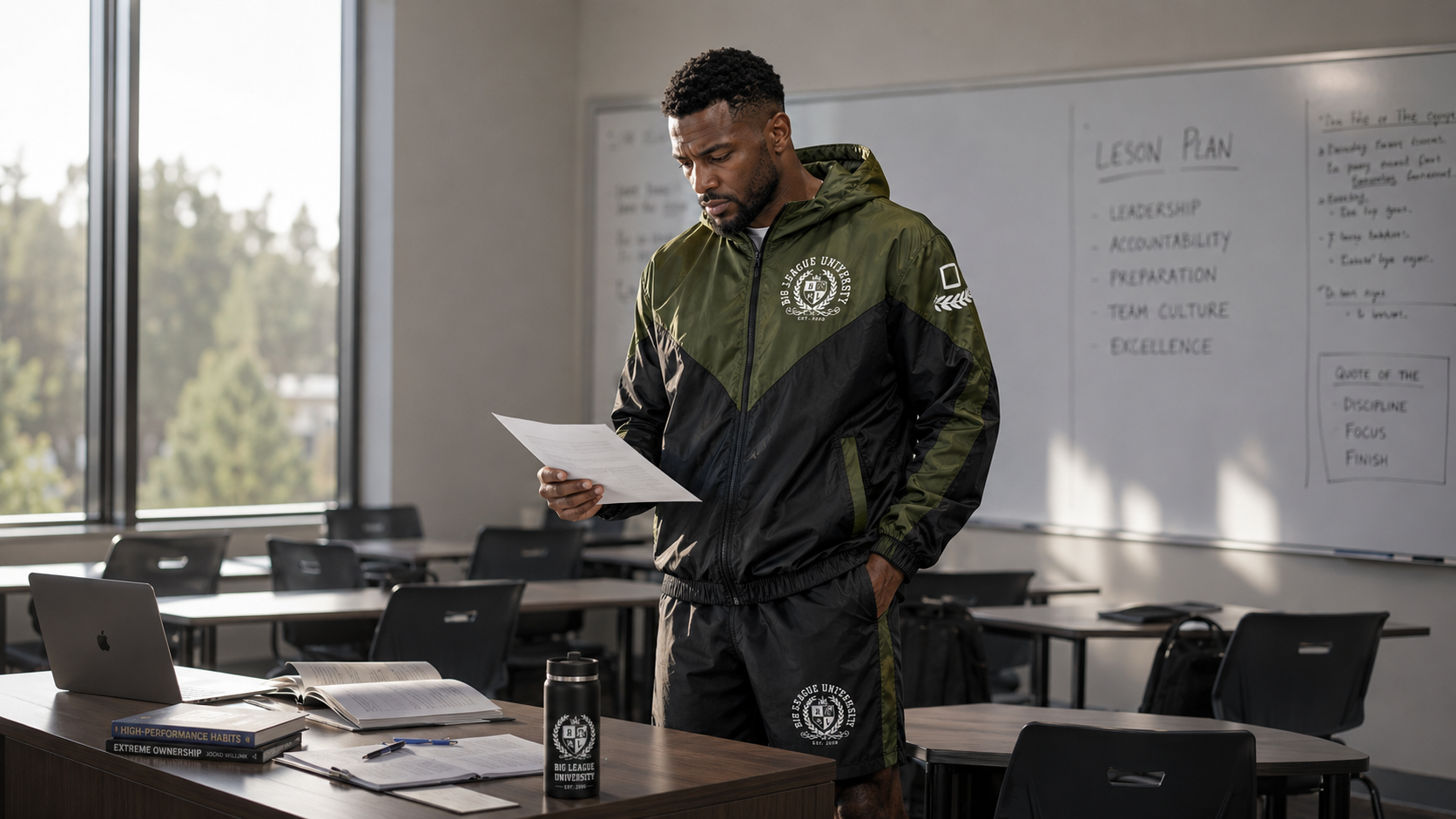 Educator reviewing a lesson plan in a classroom wearing Big League University apparel.