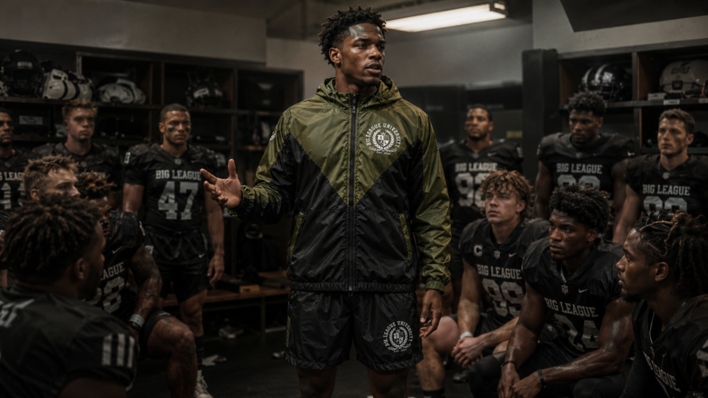 Coach addressing a locker room team while wearing Big League University olive apparel.