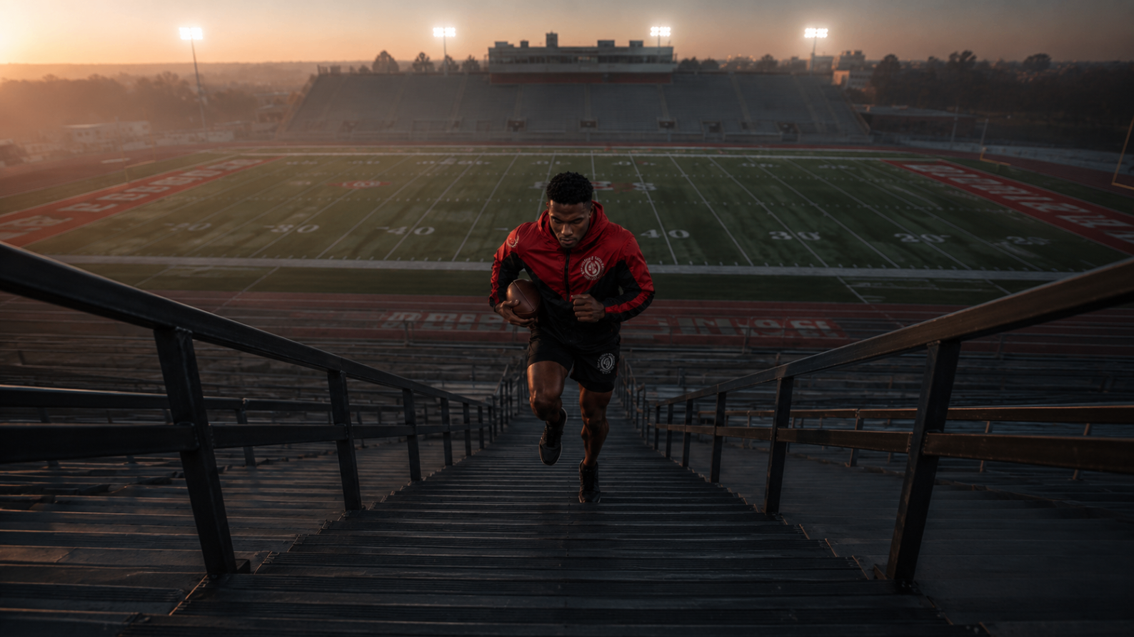 Athlete training on stadium stairs at dawn in Big League University red apparel.