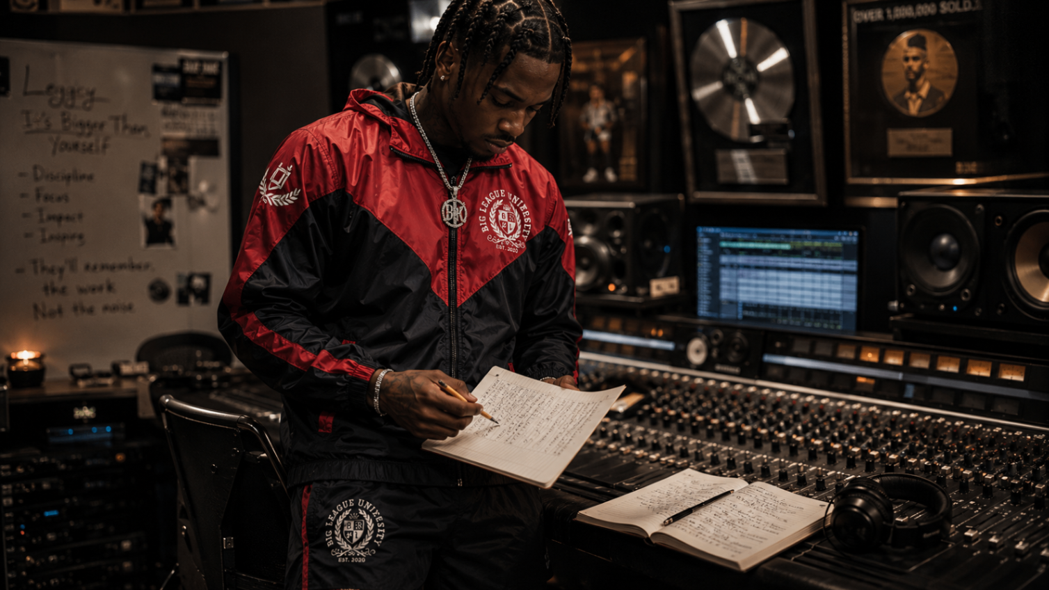 Artist writing in a recording studio while wearing Big League University red and black apparel.
