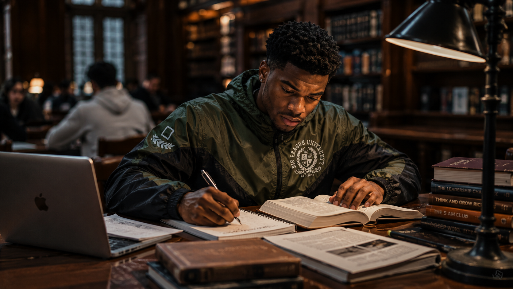 Student studying in a wood-paneled library wearing a Big League University windbreaker.