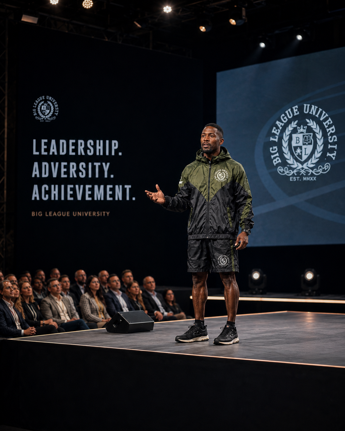 Entrepreneur speaking on a conference stage in front of the Big League University crest.