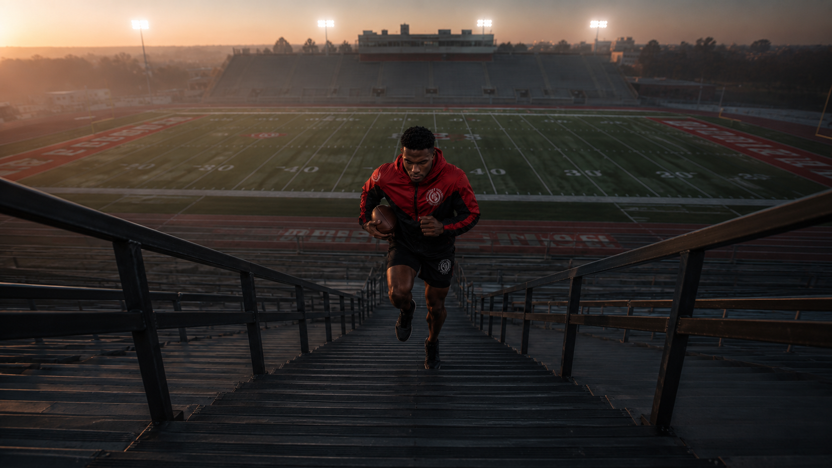 Athlete sprinting up stadium stairs at dawn in Big League University apparel.