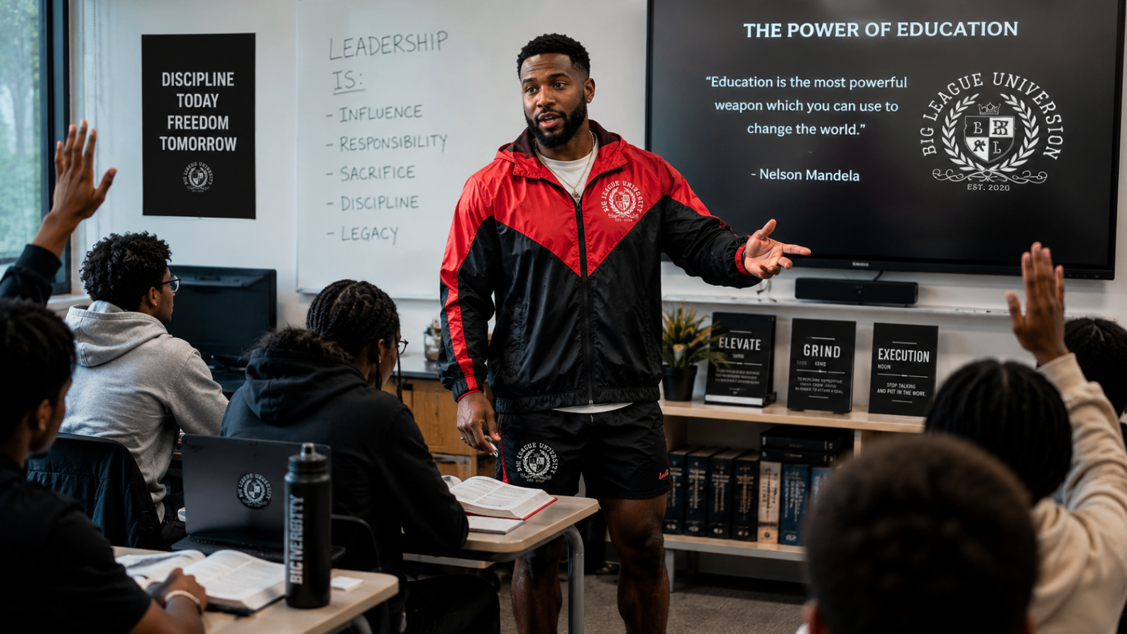 Leader speaking to a classroom in a red and black Big League University windbreaker.