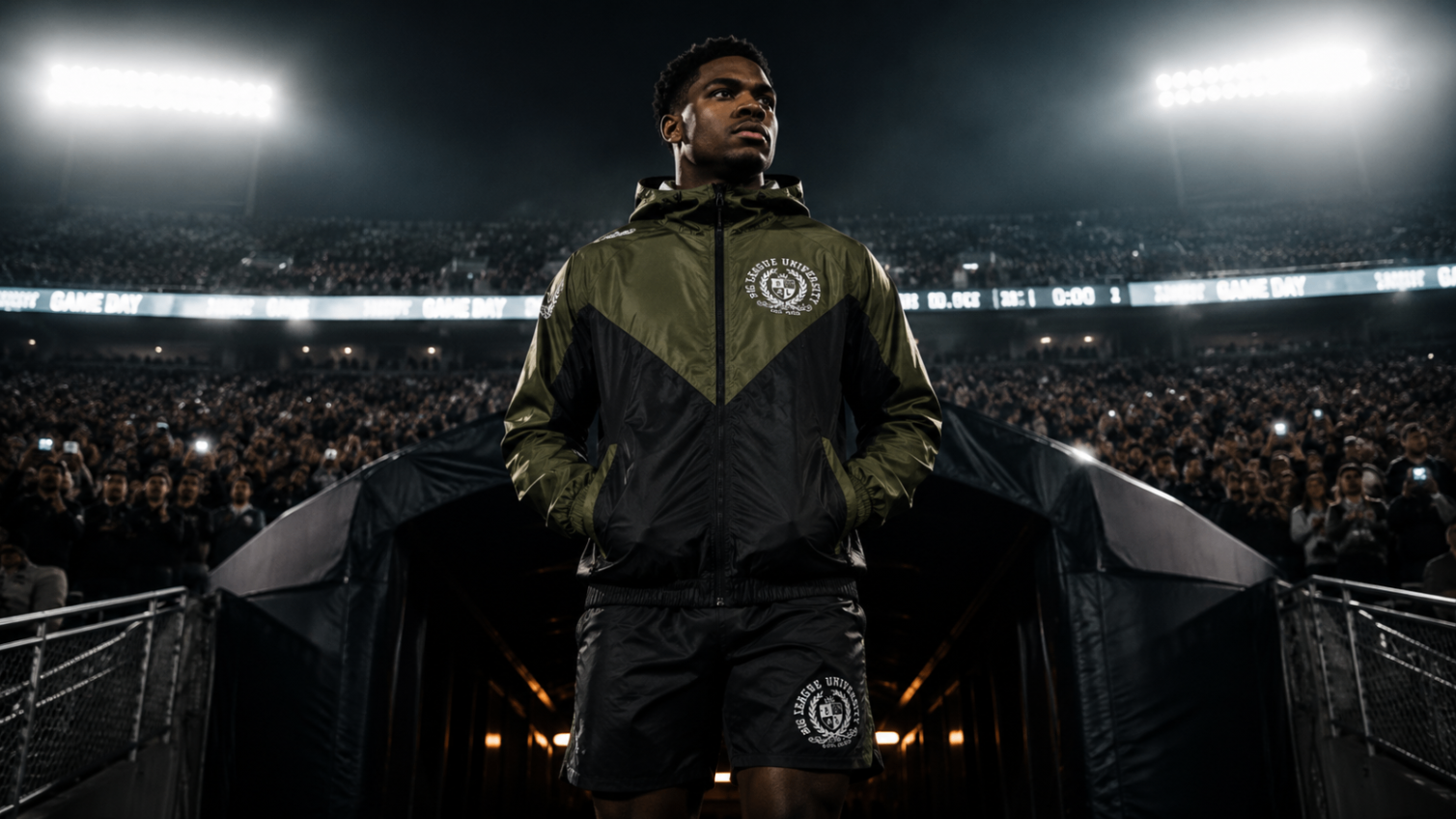 Athlete standing in a stadium tunnel in Big League University olive apparel.