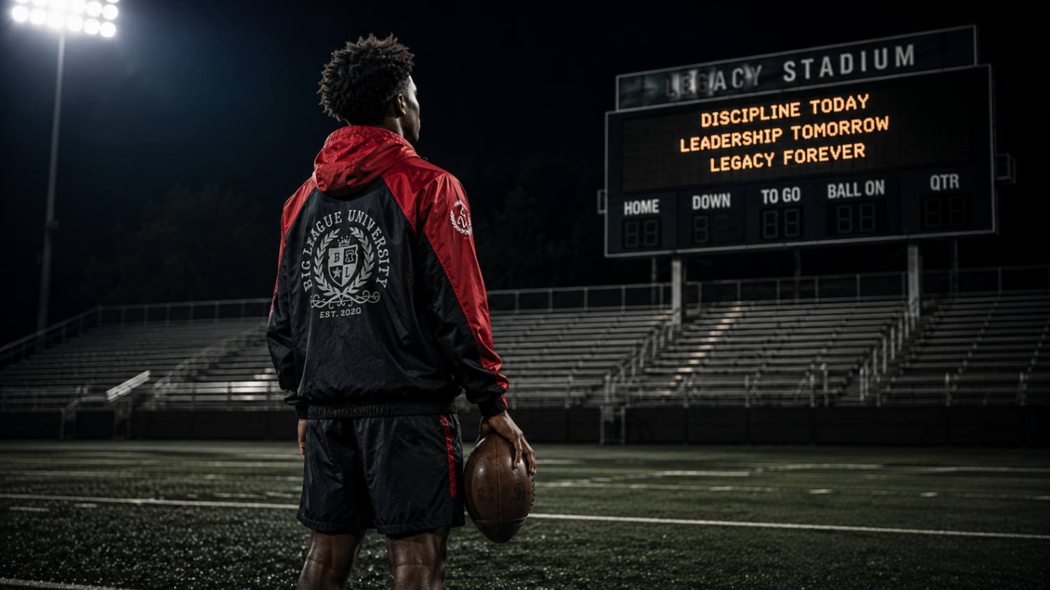 Athlete standing on a football field at night facing the Legacy Stadium scoreboard, wearing Big League University red and black windbreaker apparel.