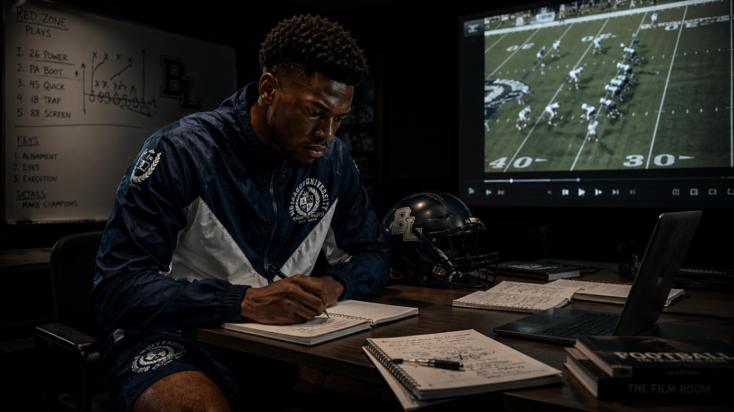 Athlete studying football film while wearing Big League University navy apparel.