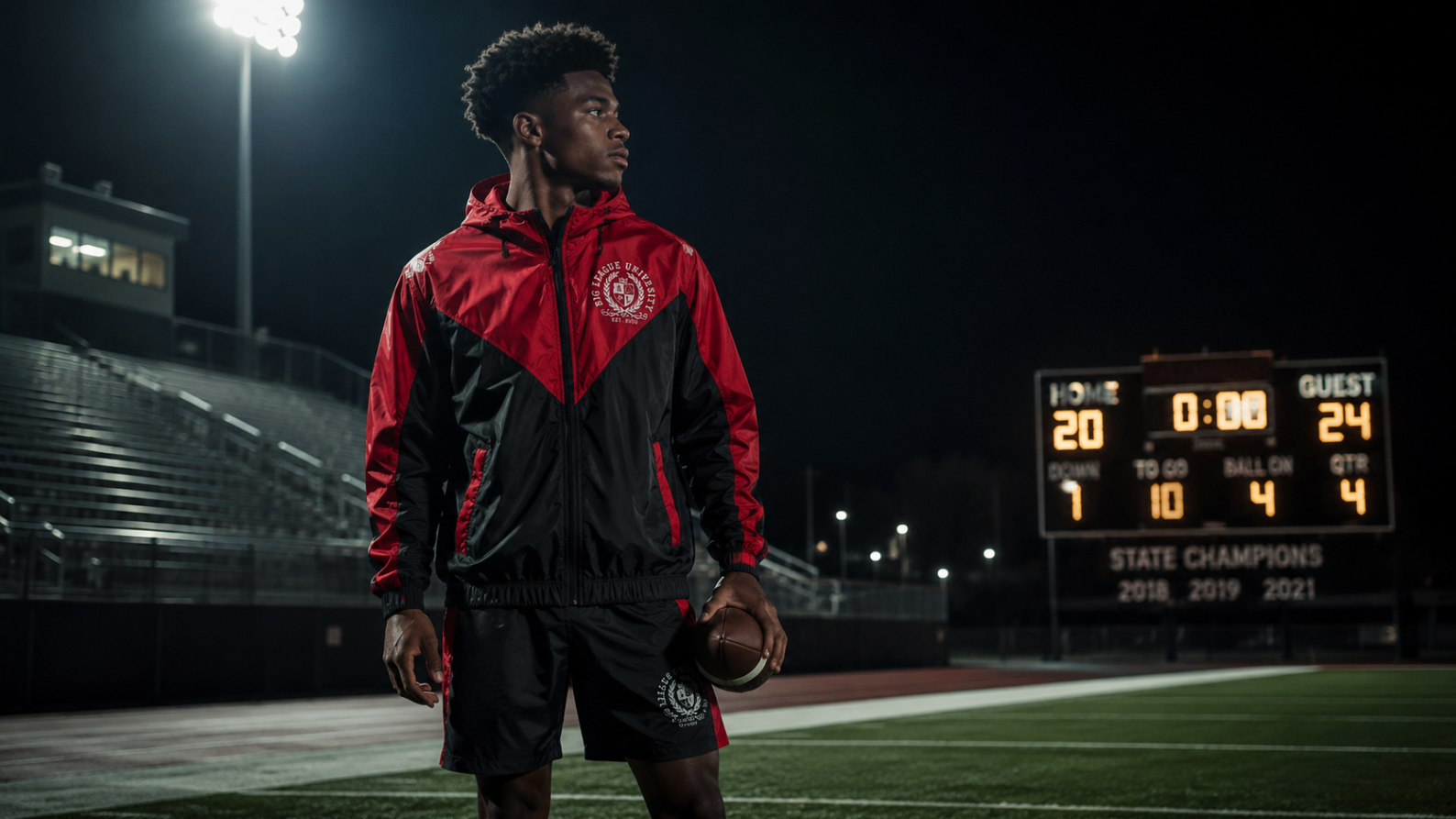 Athlete on a football field at night in Big League University red and black apparel.